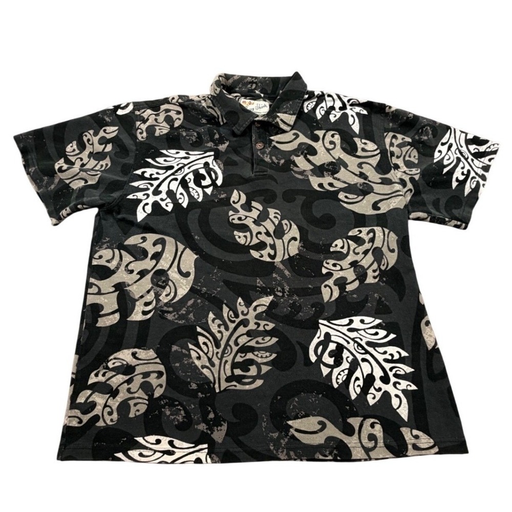 Vintage‎ Crazy Shirts Mens XL Hawaiian Polo Shirt Black Aloha Leaf Print